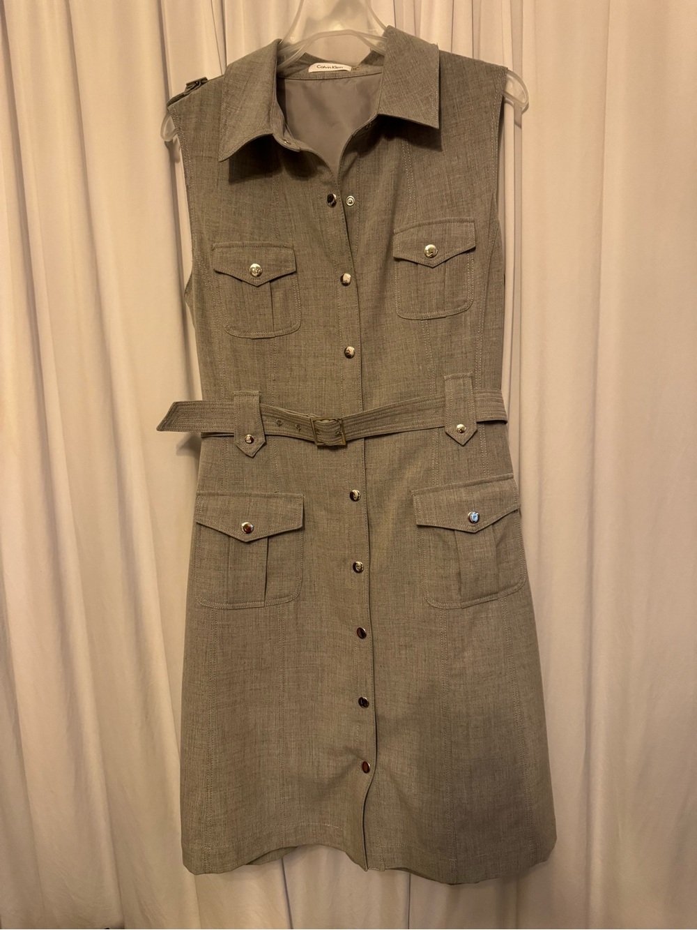 Calvin Klein Grey Sleeveless Belted Shirt Midi Dress